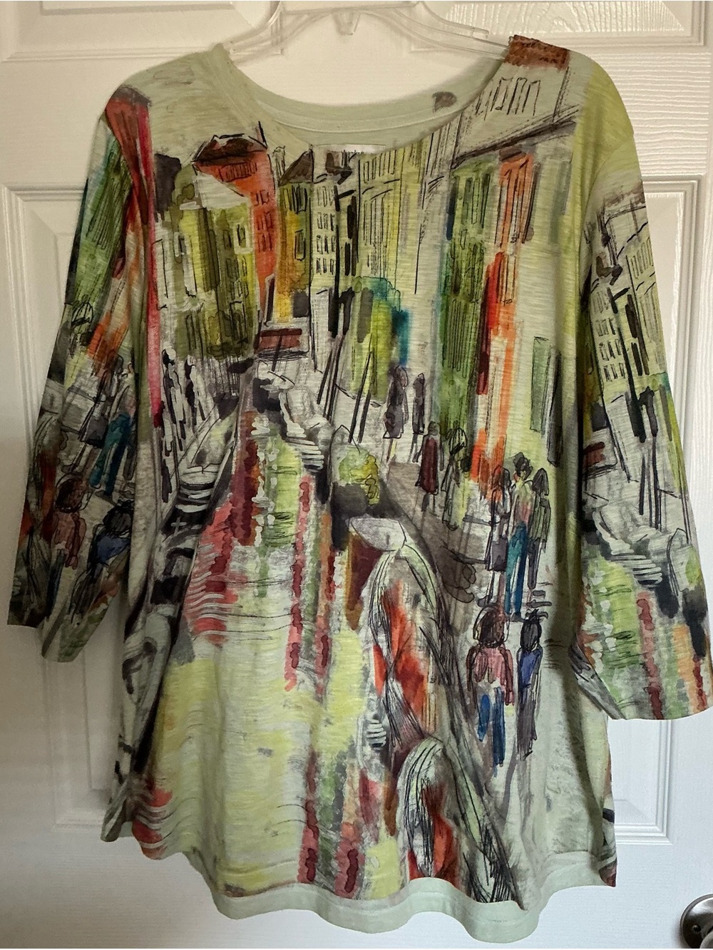 CJ Banks Plus Size 1X Tunic Top 3/4 Sleeve Green Watercolor Impressionist Art